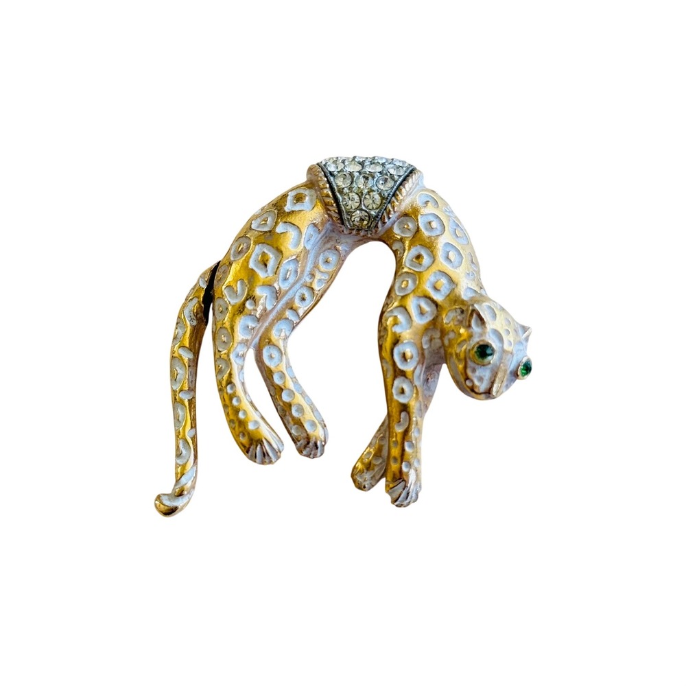 VTG Florenza Jaguar Panther brooch pin Signed Gold Tone Rhinestone Enamel 1960s